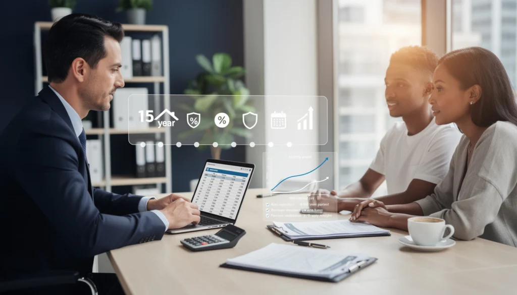 Un banquier et un couple discutent d'un prêt immo sur 15 ans Un banquier et un couple discutent d'un prêt immo sur 15 ans