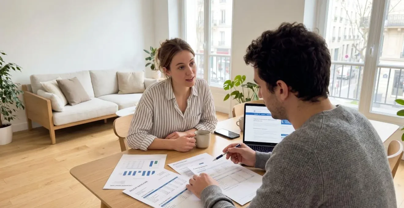 Un couple trentenaire en discussion décontractée dans un salon contemporain lumineux, consultant ensemble des documents bancaires posés sur une table basse