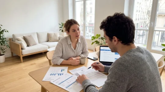 Un couple trentenaire en discussion décontractée dans un salon contemporain lumineux, consultant ensemble des documents bancaires posés sur une table basse