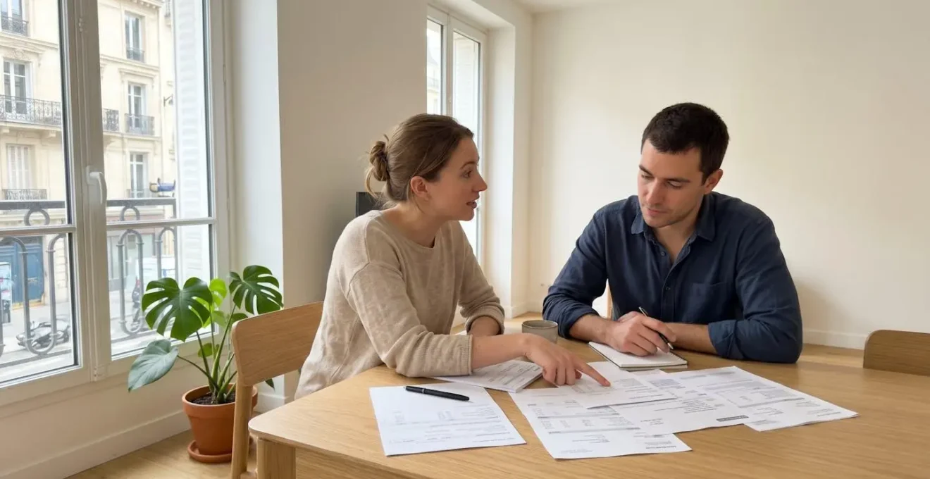 Un couple trentenaire en discussion décontractée dans un salon contemporain lumineux, consultant ensemble des documents bancaires posés sur une table basse