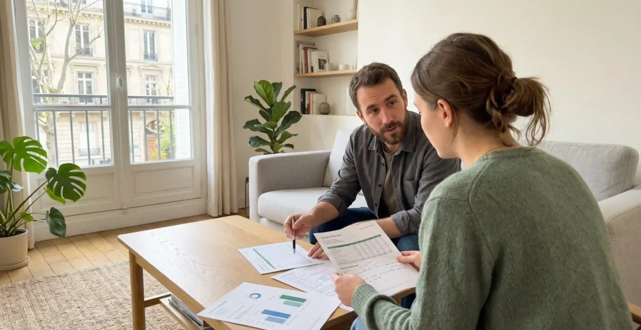 Un couple trentenaire en discussion décontractée dans un salon contemporain lumineux, consultant ensemble des documents bancaires posés sur une table basse