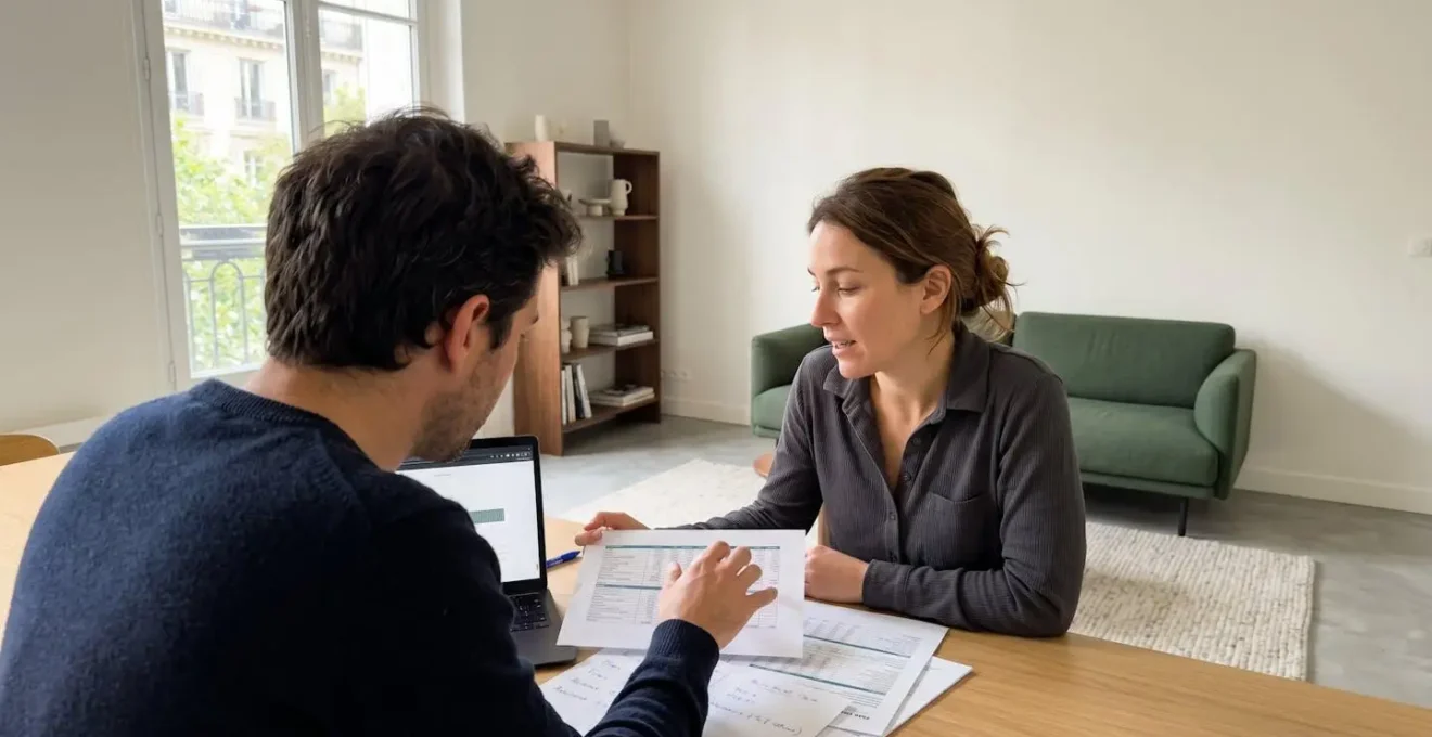 Un couple trentenaire en discussion décontractée dans un salon contemporain lumineux, consultant ensemble des documents bancaires posés sur une table basse