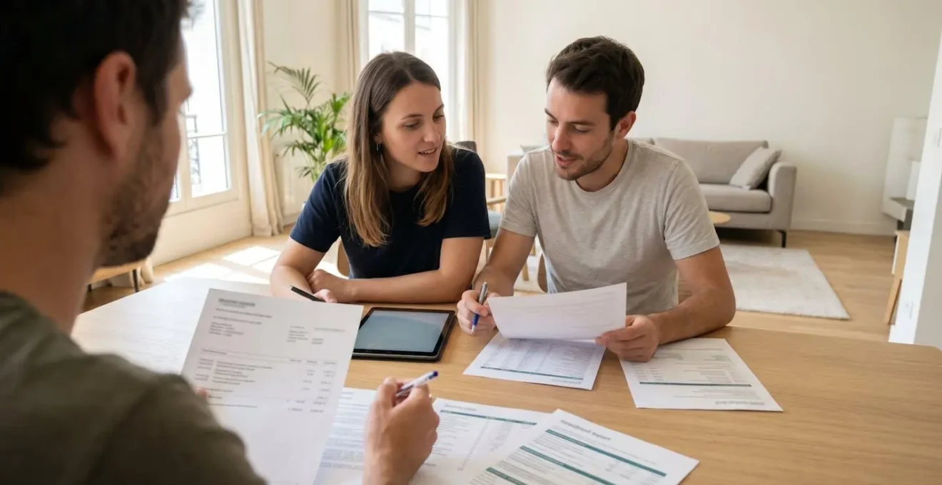 Un couple trentenaire en discussion décontractée dans un salon contemporain lumineux, consultant ensemble des documents bancaires posés sur une table basse
