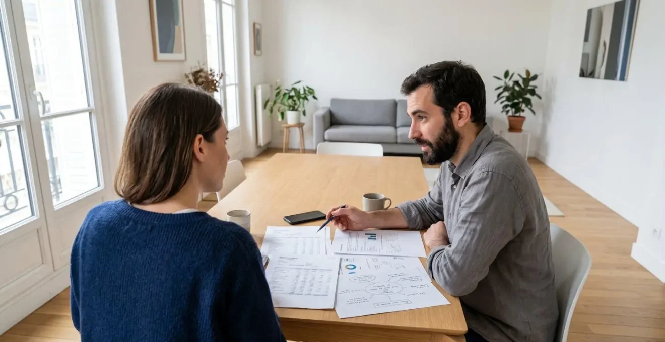 Un couple trentenaire en discussion décontractée dans un salon contemporain lumineux, consultant ensemble des documents bancaires posés sur une table basse