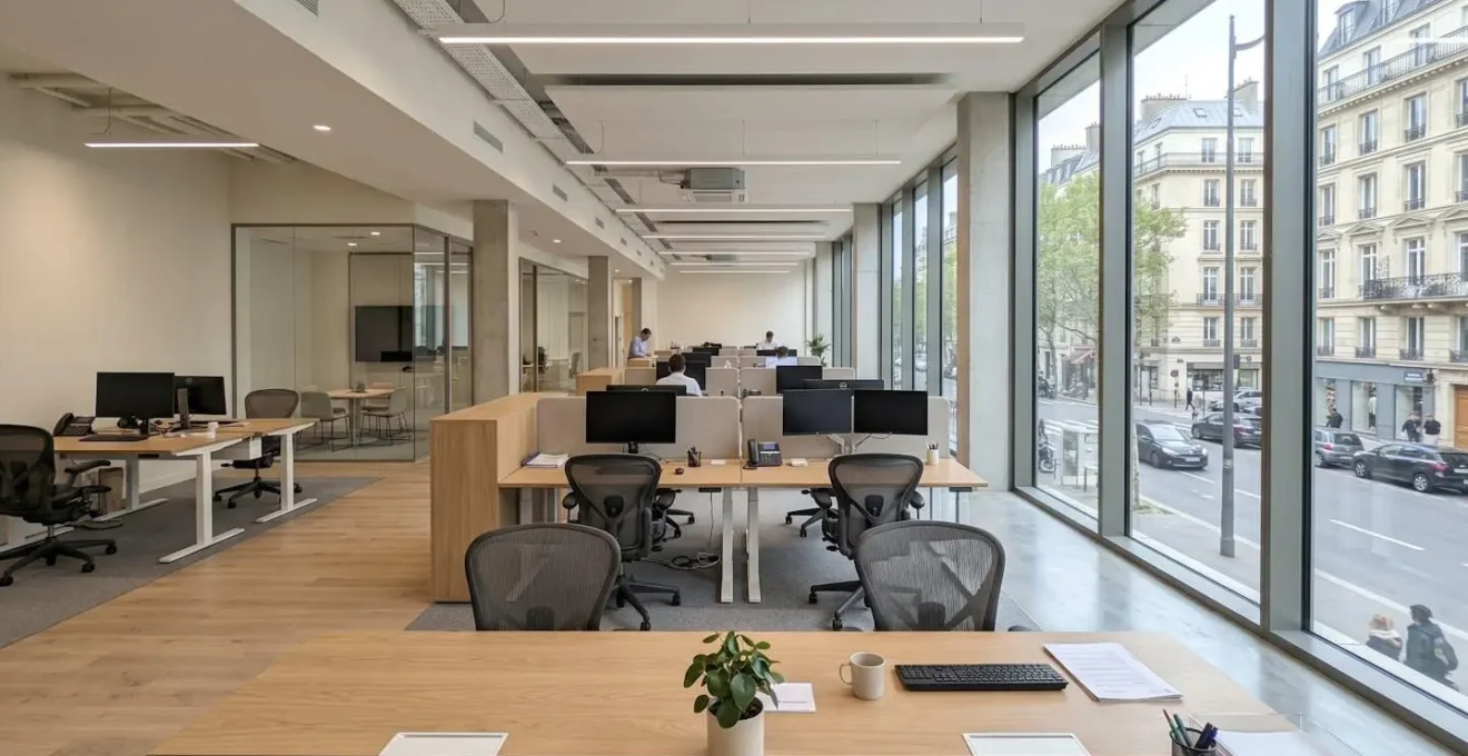 Intérieur d'une agence bancaire ou bureau de courtier moderne et lumineux avec design contemporain français, espace vide et épuré avec grandes fenêtres