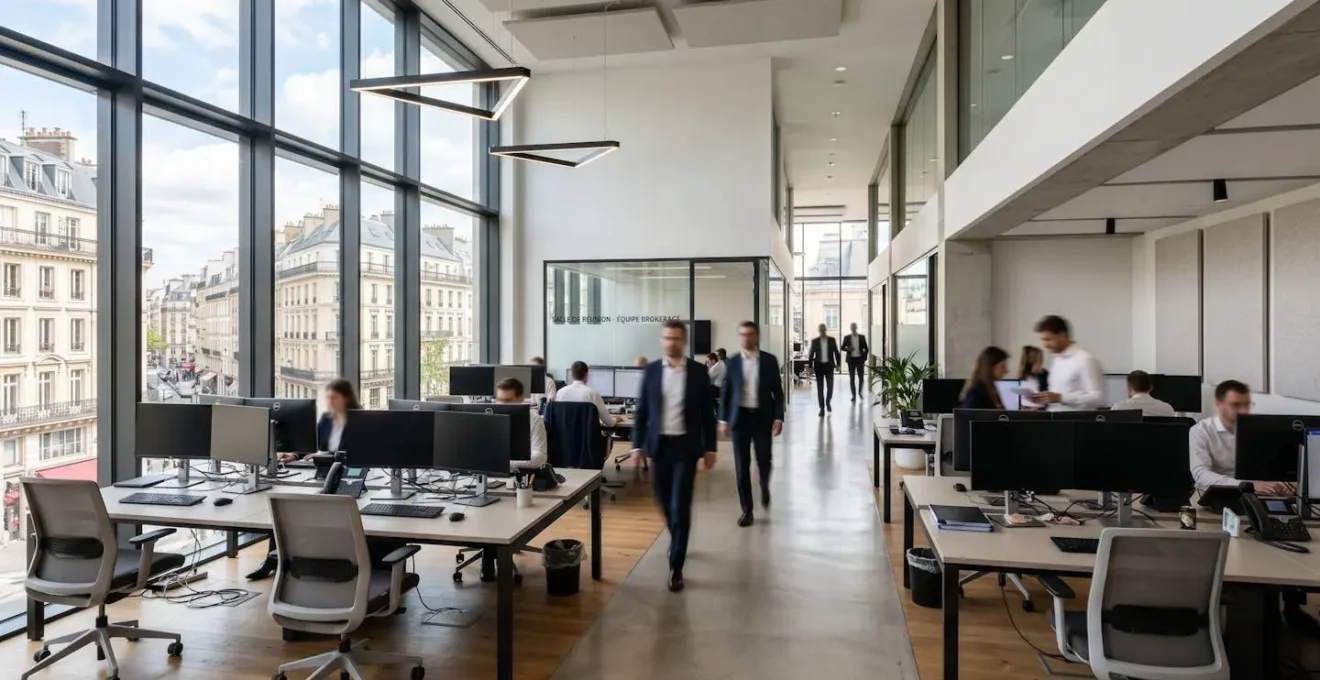 Intérieur d'une agence bancaire ou bureau de courtier moderne et lumineux avec design contemporain français, espace vide et épuré avec grandes fenêtres