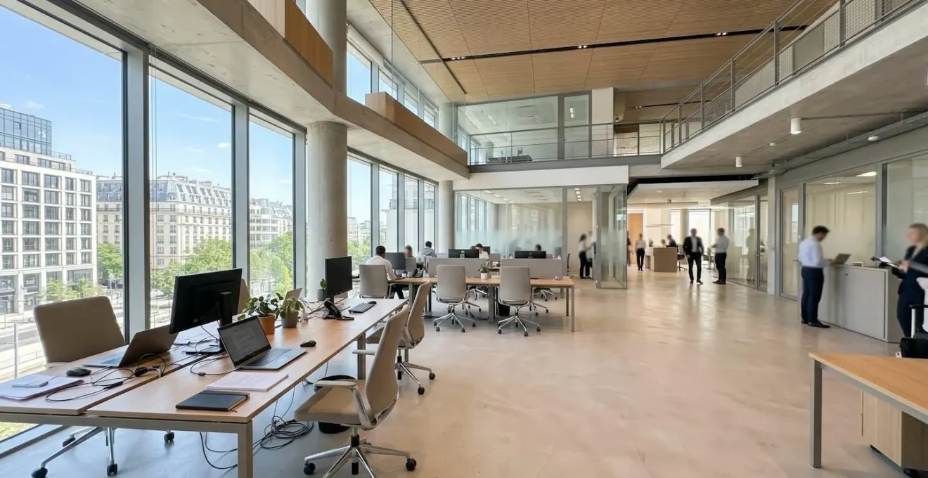 Intérieur d'une agence bancaire ou bureau de courtier moderne et lumineux avec design contemporain français, espace vide et épuré avec grandes fenêtres
