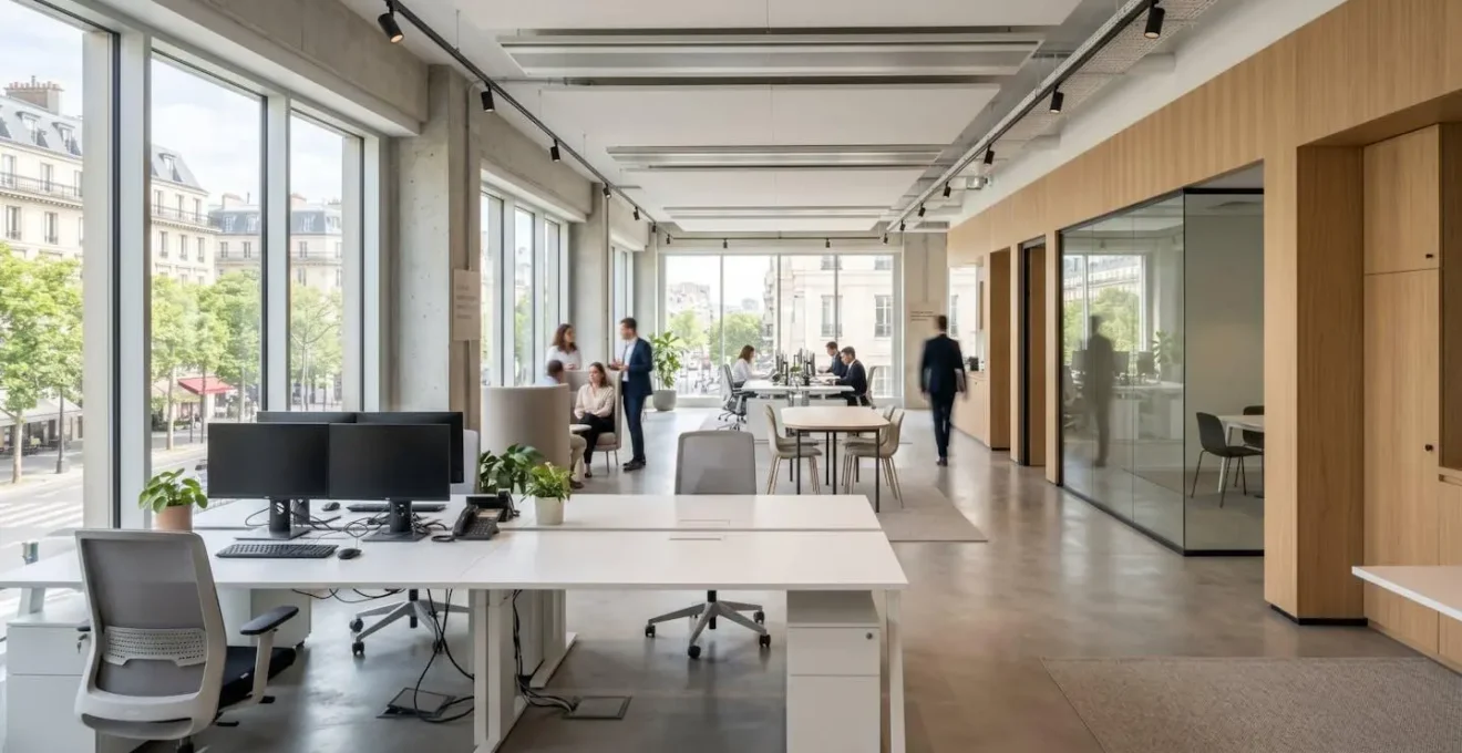 Intérieur d'une agence bancaire ou bureau de courtier moderne et lumineux avec design contemporain français, espace vide et épuré avec grandes fenêtres