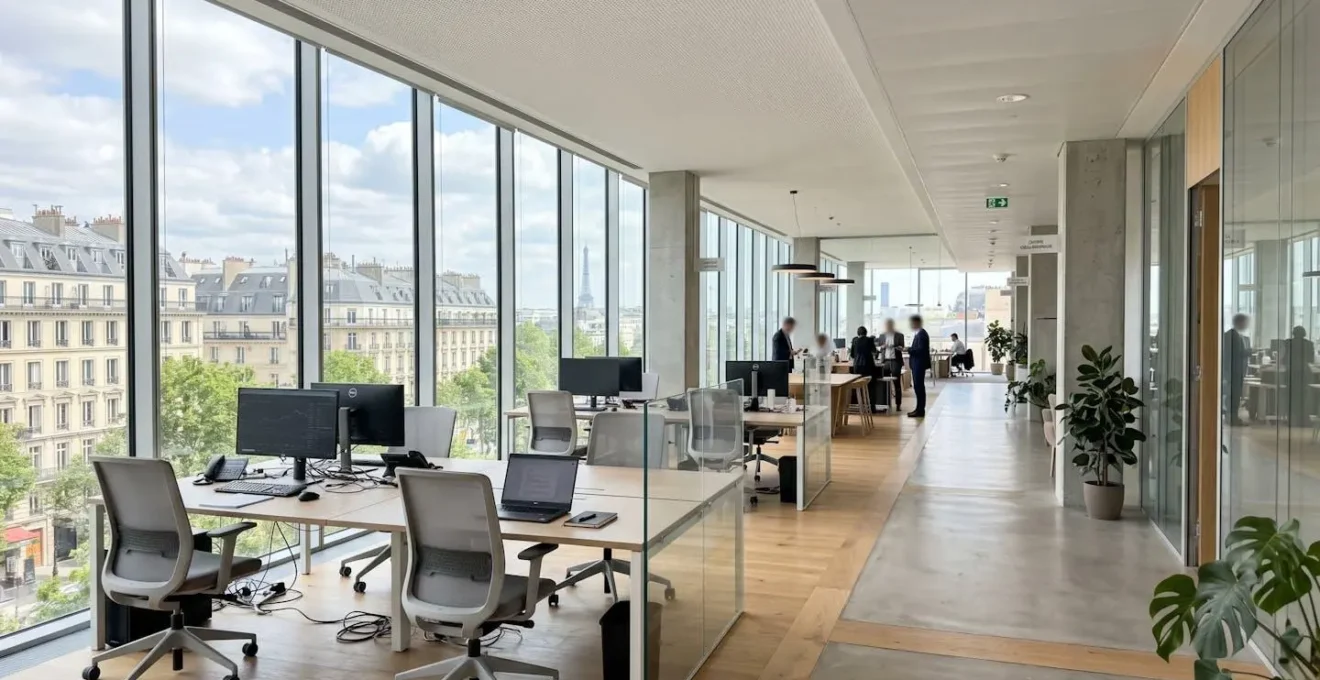 Intérieur d'une agence bancaire ou bureau de courtier moderne et lumineux avec design contemporain français, espace vide et épuré avec grandes fenêtres