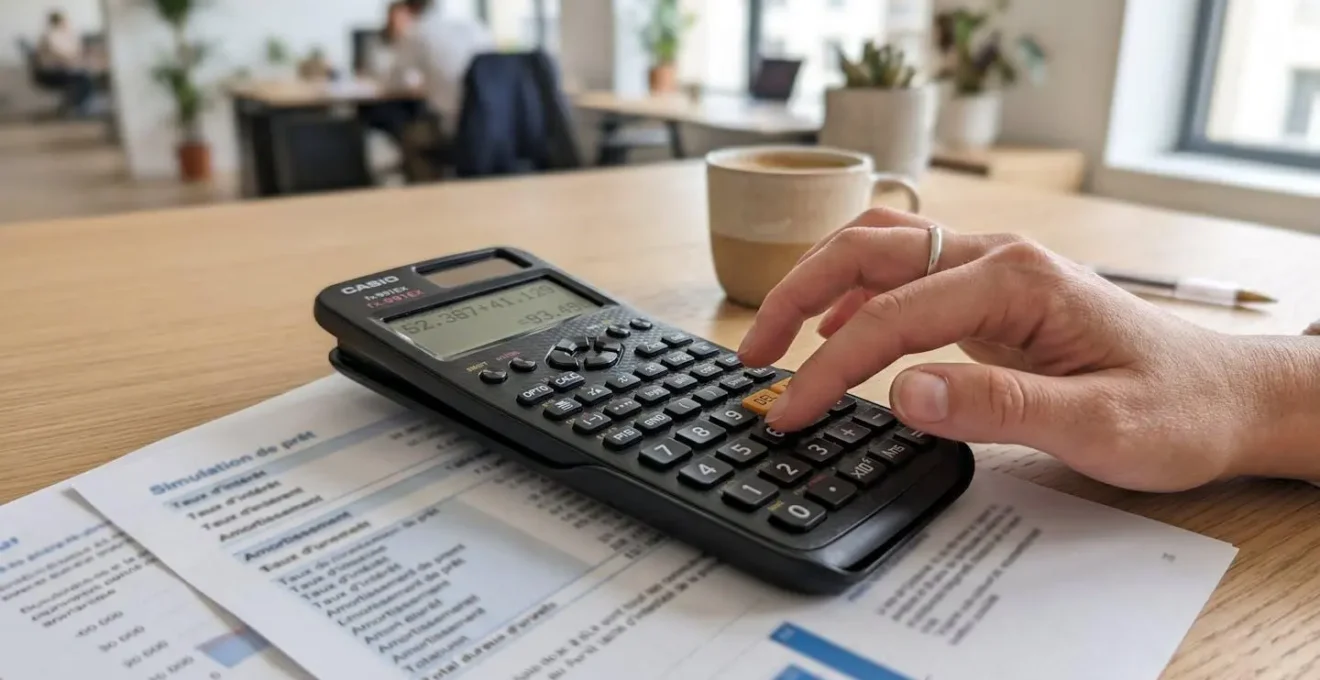 Gros plan sur des mains utilisant une calculatrice moderne avec des documents de simulation de crédit partiellement visibles sur un bureau blanc épuré