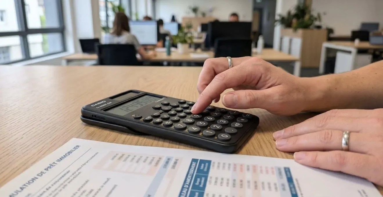 Gros plan sur des mains utilisant une calculatrice moderne avec des documents de simulation de crédit partiellement visibles sur un bureau blanc épuré
