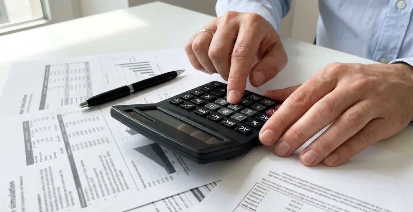 Gros plan sur des mains utilisant une calculatrice moderne avec des documents de simulation de crédit partiellement visibles sur un bureau blanc épuré