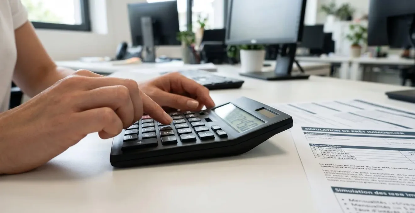 Gros plan sur des mains utilisant une calculatrice moderne avec des documents de simulation de crédit partiellement visibles sur un bureau blanc épuré