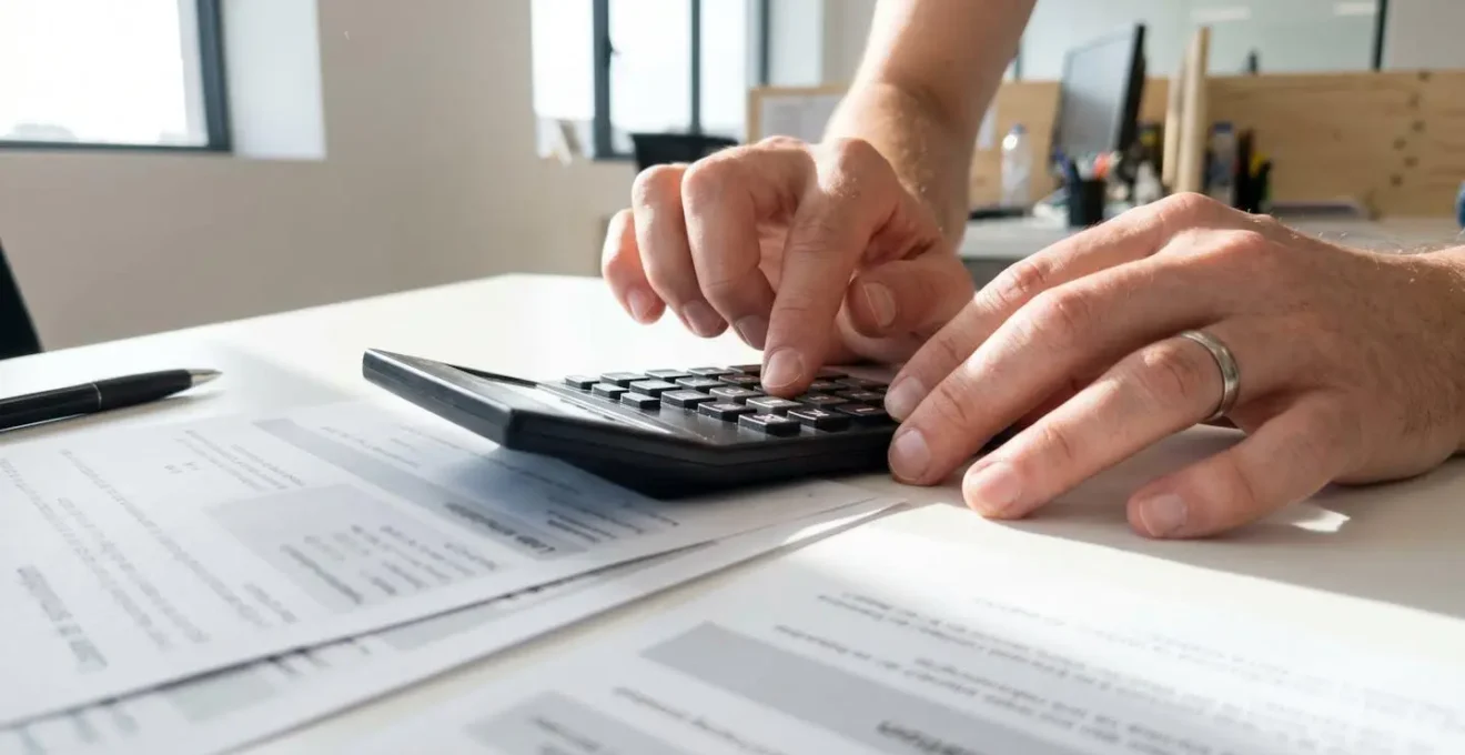 Gros plan sur des mains utilisant une calculatrice moderne avec des documents de simulation de crédit partiellement visibles sur un bureau blanc épuré