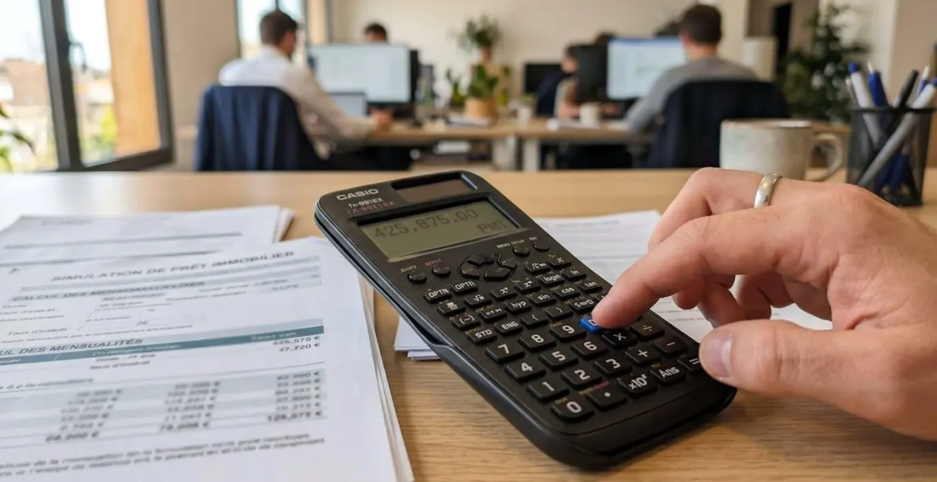 Gros plan sur des mains utilisant une calculatrice moderne avec des documents de simulation de crédit partiellement visibles sur un bureau blanc épuré