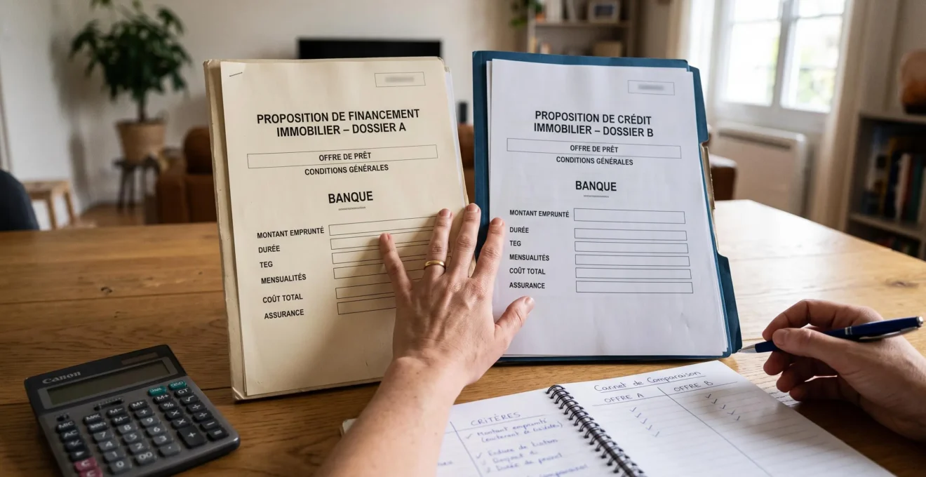 Documents de crédit immobilier comparés sur une table avec une calculatrice et des notes manuscrites