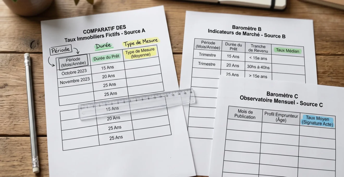 Plusieurs baromètres de taux imprimés avec leurs dates, durées et catégories de mesure mises en évidence